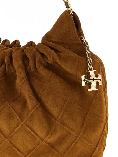 Tory Burch Fleming Mini Brown Shoulder Bag With Chain Strap And Metallic Pendant With Logo In Suede Woman In Brown