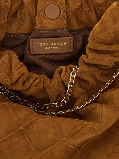 Tory Burch Fleming Mini Brown Shoulder Bag With Chain Strap And Metallic Pendant With Logo In Suede Woman In Brown