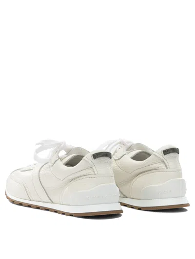 Brunello Cucinelli Grained Soft Leather Runners With Shiny Loops Shoes In White