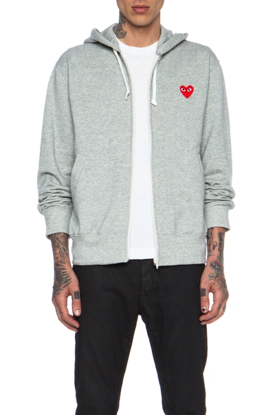 Shop Comme Des Garçons Play Red Emblem Zip Cotton Hoodie In Grey