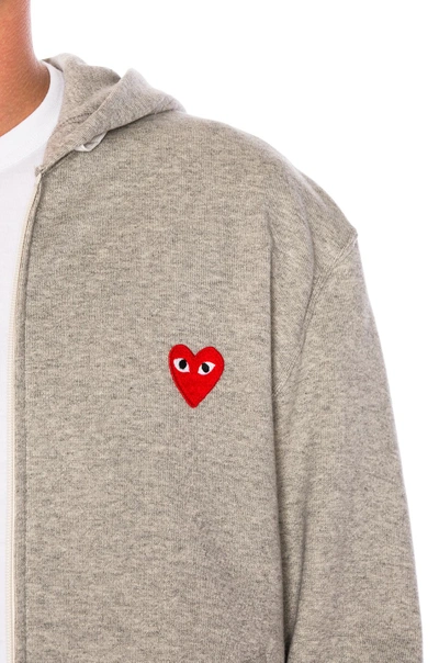 Shop Comme Des Garçons Play Red Emblem Zip Cotton Hoodie In Grey