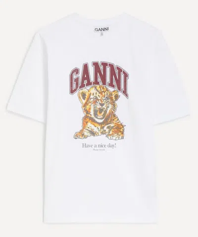 Ganni Womens Bright White Tiger-print Round-neck Cotton-jersey T-shirt Xl