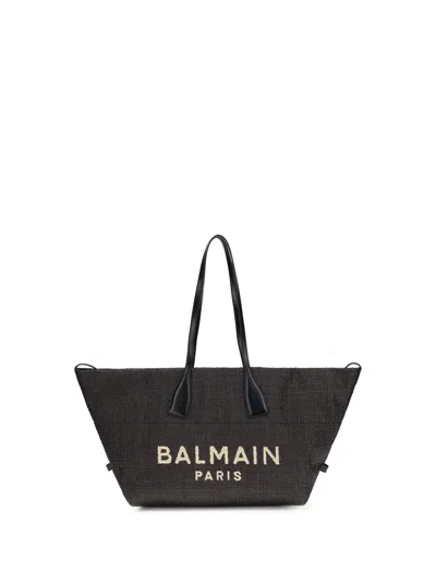 Balmain Women Track Shoulder Bag In Leather And Raffia In Black