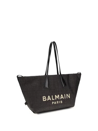 Balmain Women Track Shoulder Bag In Leather And Raffia In Black