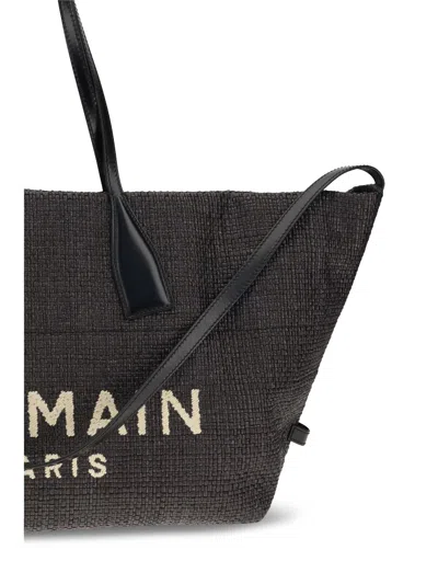 Balmain Women Track Shoulder Bag In Leather And Raffia In Black