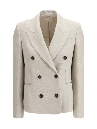 Brunello Cucinelli Women Double-breasted Jacket In Linen And Cotton With Chevron Pattern In Neutral