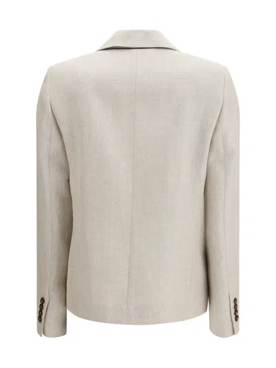 Brunello Cucinelli Women Double-breasted Jacket In Linen And Cotton With Chevron Pattern In Neutral