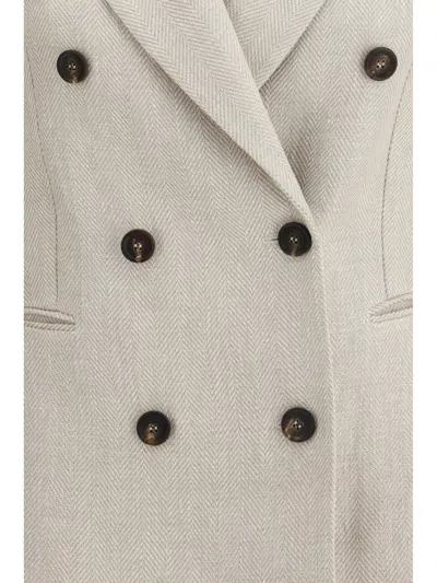 Brunello Cucinelli Women Double-breasted Jacket In Linen And Cotton With Chevron Pattern In Neutral