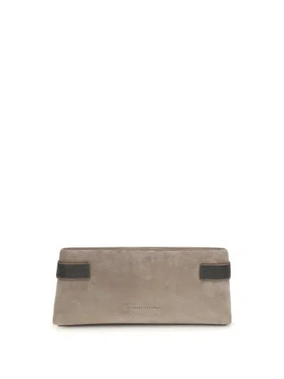 Brunello Cucinelli Essence Rectangular Suede Pouch Top Handle In Gray