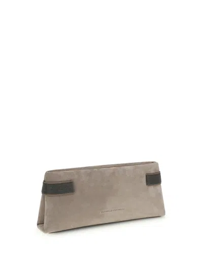 Brunello Cucinelli Essence Rectangular Suede Pouch Top Handle In Gray