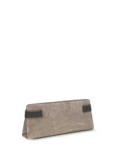 Brunello Cucinelli Essence Rectangular Suede Pouch Top Handle In Gray