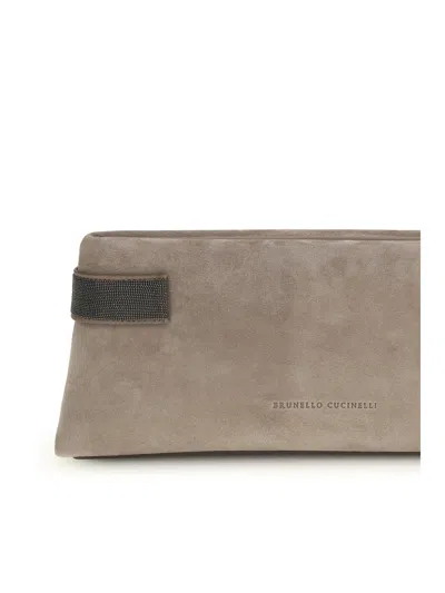 Brunello Cucinelli Essence Rectangular Suede Pouch Top Handle In Gray