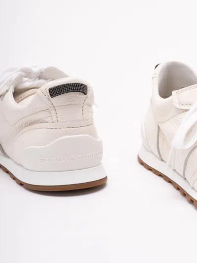 Brunello Cucinelli Grained Soft Leather Runners With Shiny Loops Shoes In White