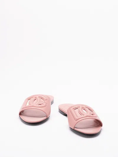 Dolce & Gabbana Women Pink Slide Sandals With Cut Out Logo In Leather Woman