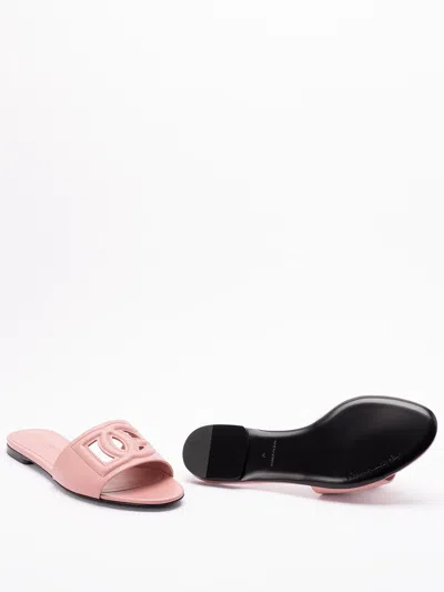 Dolce & Gabbana Women Pink Slide Sandals With Cut Out Logo In Leather Woman