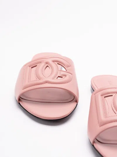 Dolce & Gabbana Women Pink Slide Sandals With Cut Out Logo In Leather Woman