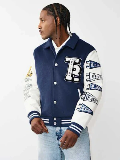True Religion Varsity Wool Logo Patch Jacket In Blue