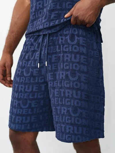 True Religion Terry Logo Drawstring Shorts In Blue