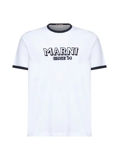 Marni Crew Neck T-shirt With Front Logo And Ribbed Accents In White