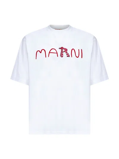 Marni Cotton T-shirt With Flocked Animal Alphabet Logo In White