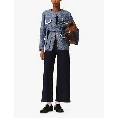 Maje Womens Blue Four-pocket Belted Tweed Jacket