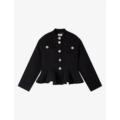 Sandro Womens Black Peplum-hem Cropped Woven Jacket