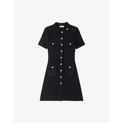 Sandro Womens Black Short-sleeved Button-up Knitted Mini Dress