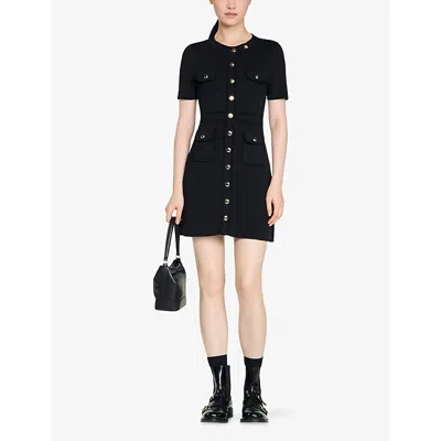 Sandro Womens Black Short-sleeved Button-up Knitted Mini Dress