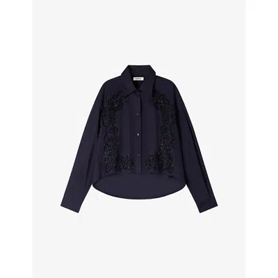 Sandro Womens Navy Blue Floral-embroidered Cotton Shirt