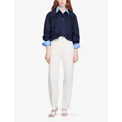 Sandro Womens Navy Blue Floral-embroidered Cotton Shirt