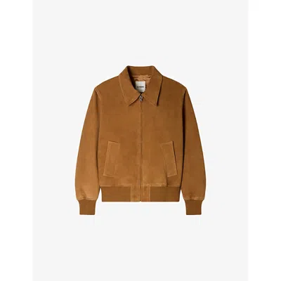 Sandro Mens Cognac Regular-fit Zip-up Suede Jacket In Brown