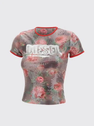 Diesel T-unkyel Sequinned Skinny Floral Print Jersey Top In Multi