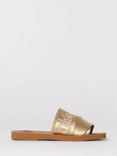 Chloé Woody Satin Sandals Embroidered Logo Rubber Sole In Gold
