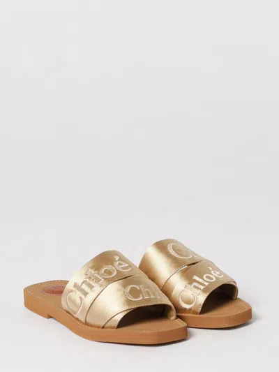 Chloé Woody Satin Sandals Embroidered Logo Rubber Sole In Gold