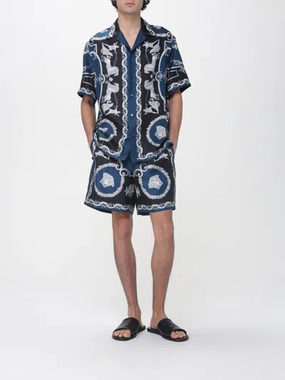 Versace Baroque-printed Silk-nylon Shorts With Elastic Waistband In Blue