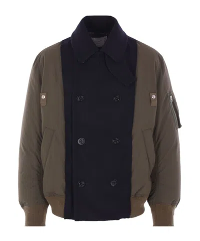 Sacai Double-breasted Anchor-button Coat In Brown