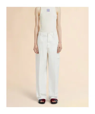 Marni Womens 00w01 Logo-patch Relaxed-fit Cotton Gabardine Cargo Trousers In White