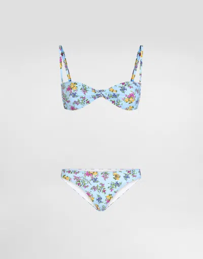 Dolce & Gabbana Floral-print Twist Bikini In Blue