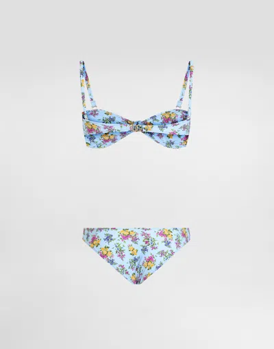Dolce & Gabbana Floral-print Twist Bikini In Blue