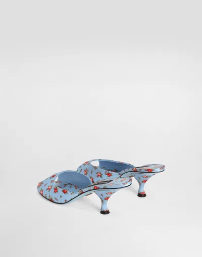 Dolce & Gabbana Keira Satin Mules With Little Roses Print In Blue