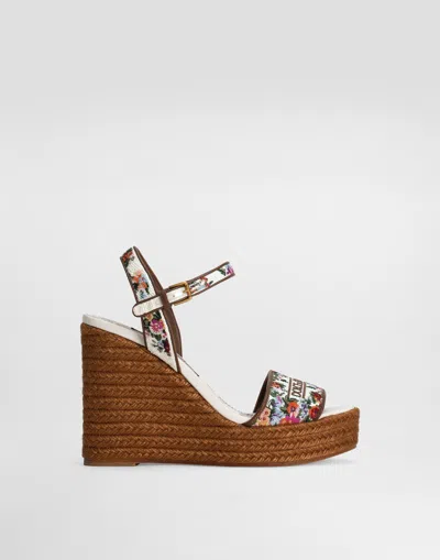Dolce & Gabbana Leather-trimmed Embroidered Canvas Platform Wedge Sandals In Brown