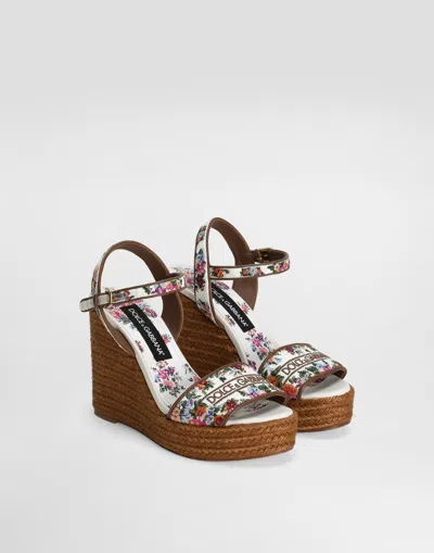Dolce & Gabbana Leather-trimmed Embroidered Canvas Platform Wedge Sandals In Brown