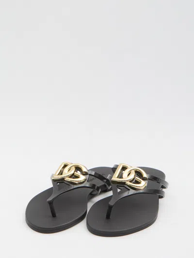 Dolce & Gabbana Black Thong Sandals With Logo Plaque On The Front In Rubber Woman