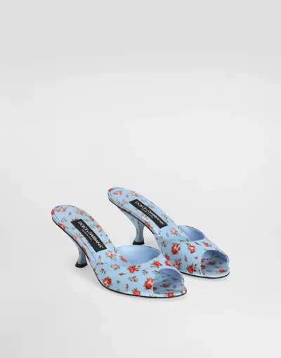 Dolce & Gabbana Keira Satin Mules With Little Roses Print In Blue