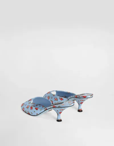 Dolce & Gabbana Keira Satin Mules With Little Roses Print In Blue