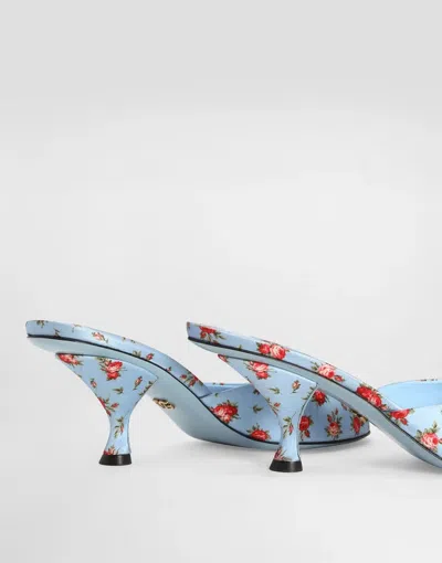 Dolce & Gabbana Keira Satin Mules With Little Roses Print In Blue