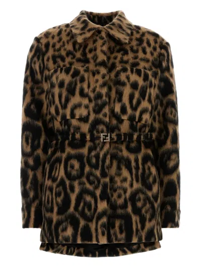 Fendi Women Multicolor Coat With Ff Buckled Belt On The Front And All-over Leopard Motif In Wool Ble In Animal Print