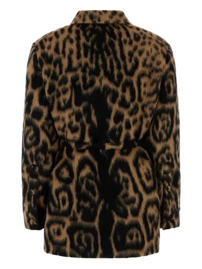 Fendi Women Multicolor Coat With Ff Buckled Belt On The Front And All-over Leopard Motif In Wool Ble In Animal Print