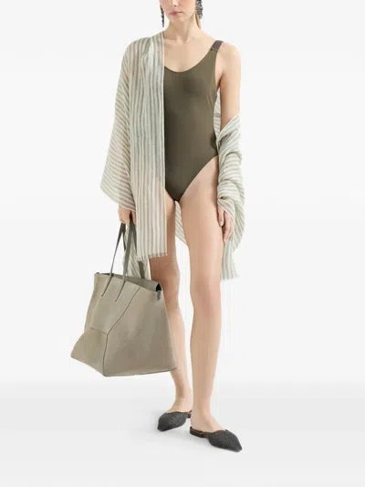 Brunello Cucinelli One Piece Swimsuit Scoop Neckline High Cut In Green