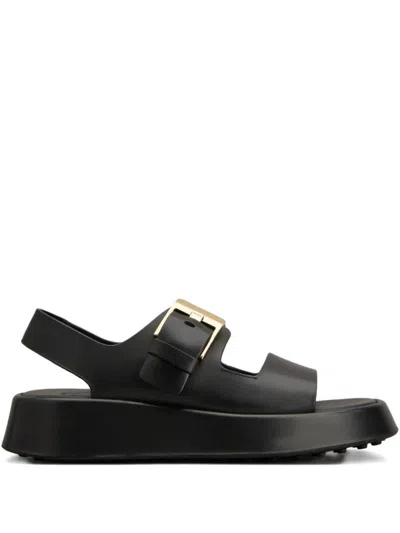 Tod's Leather Sandals With Double Strap And Maxi Buckle In Black